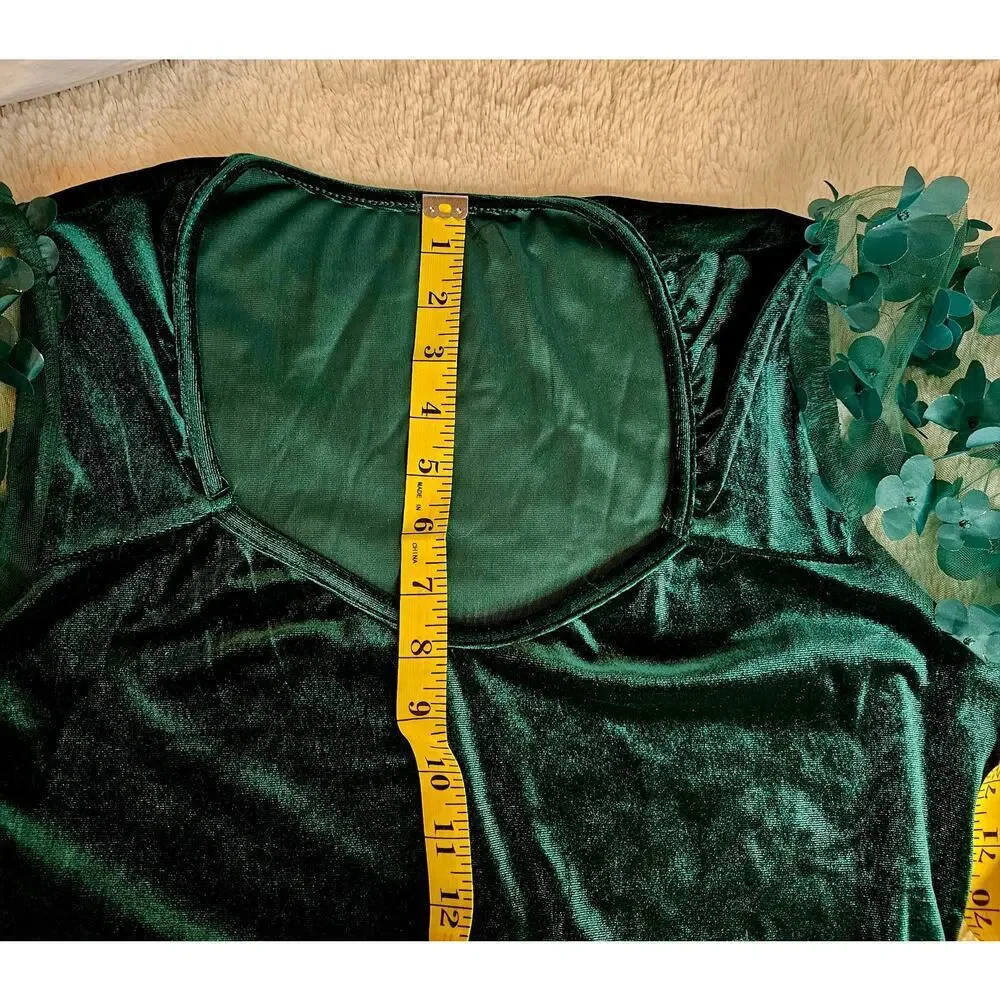 Velvet Holiday Maxi‎ L Dress Forest Green. 3D sheer floral Sleeve. Events Party